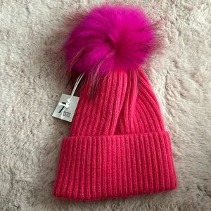 Pink Pom Pom Hat - Removable Pom - Pom is 100% Racoon Fur